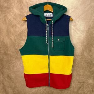 Vintage Color Block Vest Fleece Zip Up Hoodie Sleeveless Striped Streetwear